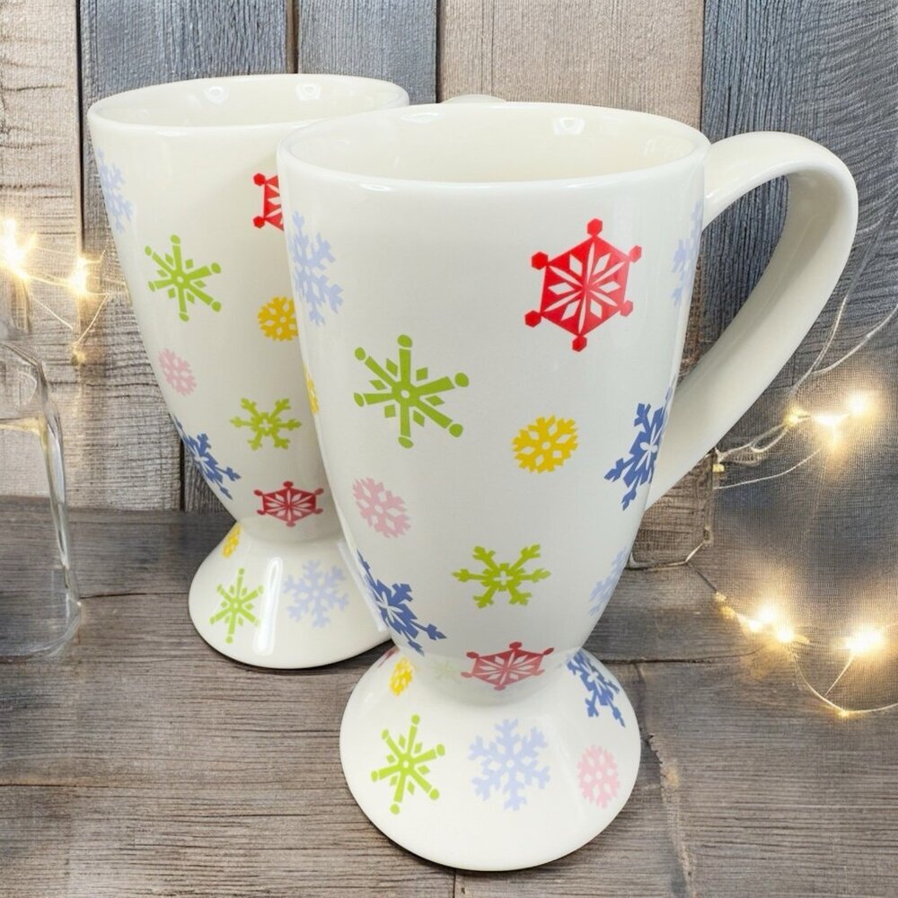 SLEDDIN HILL Whittard Of Chelsea 2005 Winter Snowflake Footed Mug Cup Set 2 Mugs